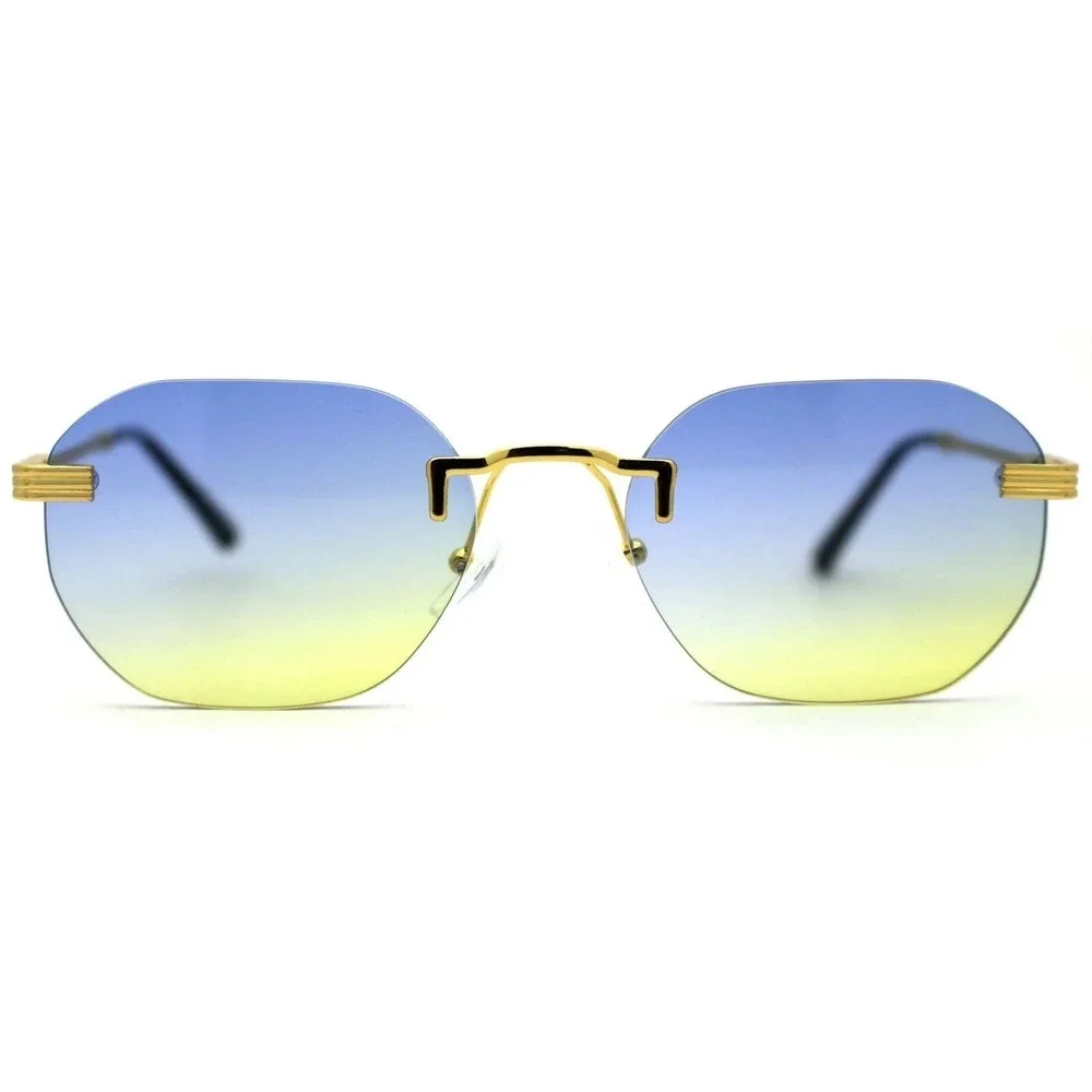 Rimless Sunglasses Blue Yellow‎ Gradient Lens Gold Frame Fashion Shades Lentes